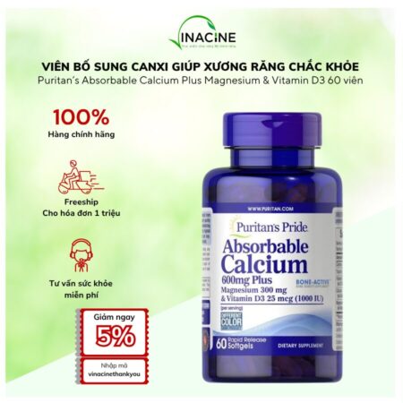Viên Bổ Sung Canxi Puritan’s Pride Absorbable Calcium 600mg Plus 60 viên