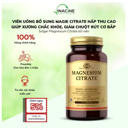 Viên Uống Bổ Sung Magie Solgar Magnesium Citrate Hỗ Trợ Cơ Bắp, Giảm Căng Thẳng Thần Kinh, Giúp Ngủ Ngon 60 viên