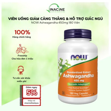 Viên Uống Giảm Căng Thẳng & Hỗ Trợ Giấc Ngủ NOW Ashwagandha 450mg 180 Viên