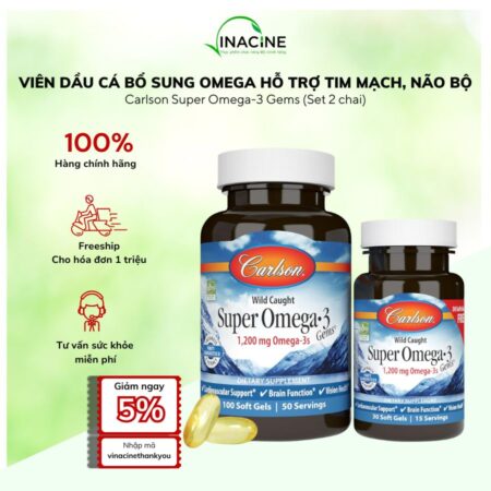 Viên Dầu Cá Bổ Sung Omega Hỗ Trợ Tim Mạch, Não Bộ Carlson Super Omega-3 Gems (Set 2 chai)