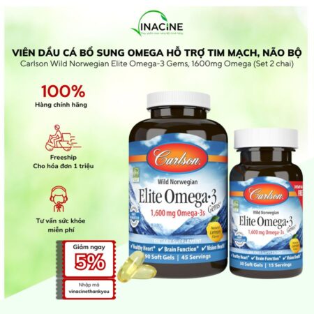 Viên Dầu Cá Bổ Sung Omega Hỗ Trợ Tim Mạch, Não Bộ Carlson Elite Omega-3 Gems (Set 2 chai)