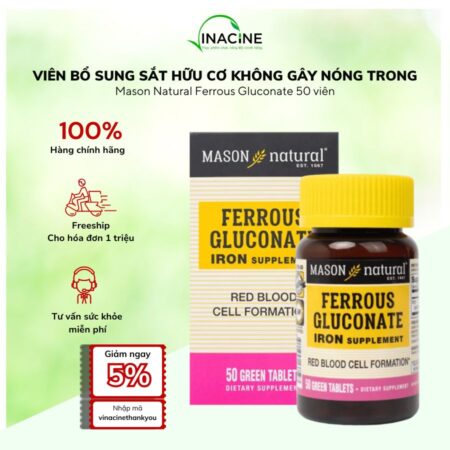 Viên Bổ Sung Sắt Hữu Cơ Không Gây Nóng Trong Mason Natural Ferrous Gluconate 50 viên