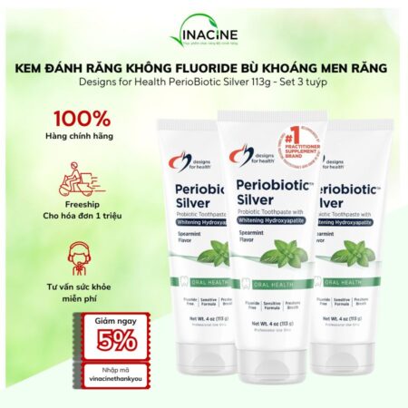 Kem Đánh Răng Không Fluoride Bù Khoáng Men Răng Designs for Health PerioBiotic Silver 113g - Set 3 tuýp