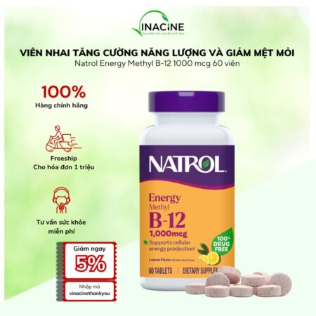 Viên Nhai Tăng Cường Năng Lượng, Giảm Mệt Mỏi Natrol Energy Methyl B12 1.000mcg 60 viên