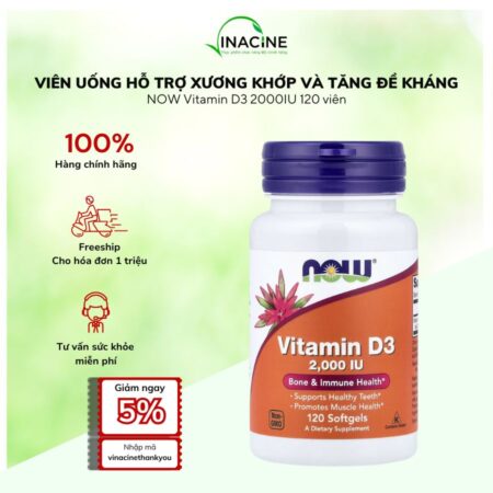Viên Uống Hỗ Trợ Xương Khớp & Tăng Đề Kháng NOW Foods Vitamin D3 2,000 IU 120 viên