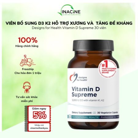 Viên Bổ Sung D3 K2 Hỗ Trợ Xương Và Tăng Đề Kháng Designs for Health Vitamin D Supreme 30 viên