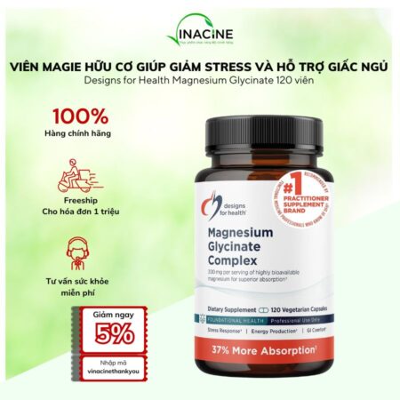 Viên Magie Hữu Cơ Giúp Giảm Căng Thẳn, Hỗ Trợ Ngủ Ngon Designs for Health Magnesium Glycinate 120 viên