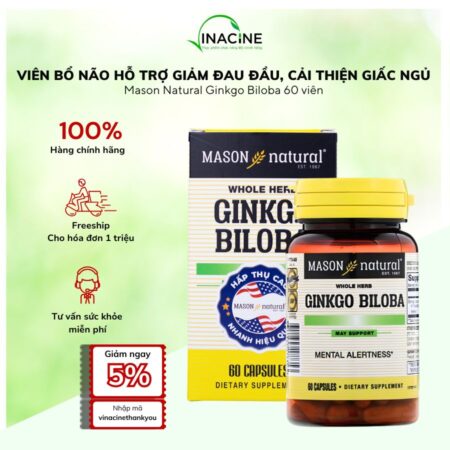 Viên Bổ Não Hỗ Trợ Giảm Đau Đầu, Cải Thiện Giấc Ngủ Mason Natural Ginkgo Biloba 60 viên