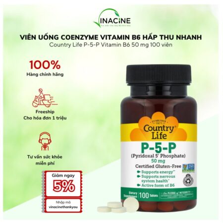 Viên Uống Coenzyme Vitamin B6 Hấp Thu Nhanh Country Life P-5-P 50mg 100 viên