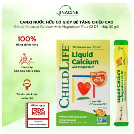 Canxi Nước Hữu Cơ ChildLife Liquid Calcium with Magnesium Plus K2 D3 Hộp 30 Gói