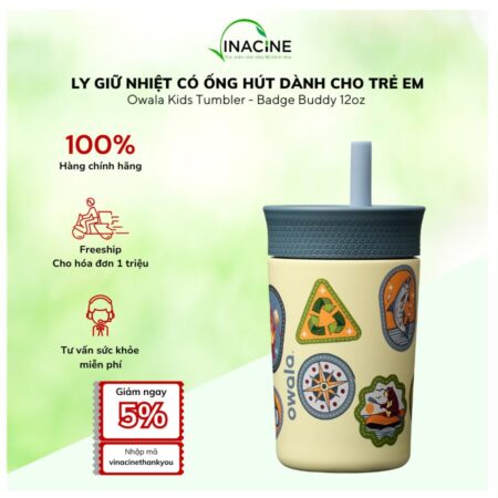 Ly Giữ Nhiệt Có Ống Hút Dành Cho Trẻ Em Owala Kids Tumbler - Badge Buddy 12oz 
