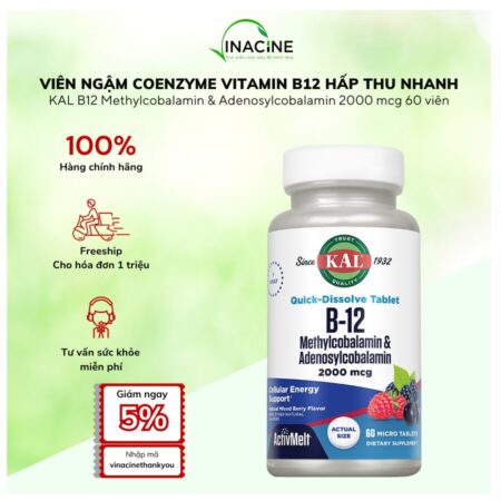 Viên Ngậm Coenzyme Vitamin B12 Hấp Thu Nhanh KAL B-12 Methylcobalamin & Adenosylcobalamin 2000 mcg 60 viên