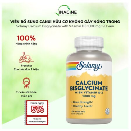 iên Uống Bổ Sung Canxi Hữu Cơ Không Gây Nóng Trong Solaray Calcium Bisglycinate with Vitamin D3 1000mg 120 Viên